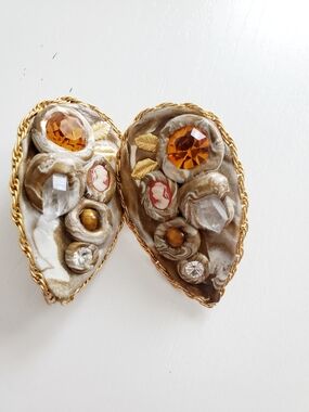 Vintage-Inspired Gold Tone Clip Earrings with Amber and Crystal Accents